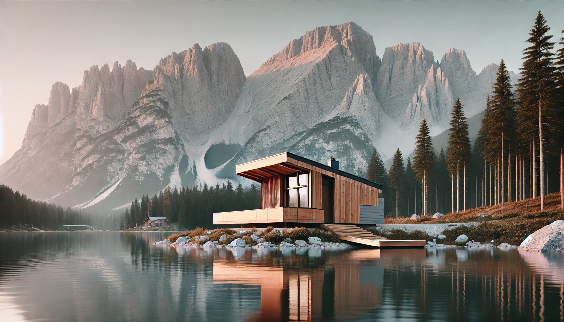 Mountains and forests with two cabins