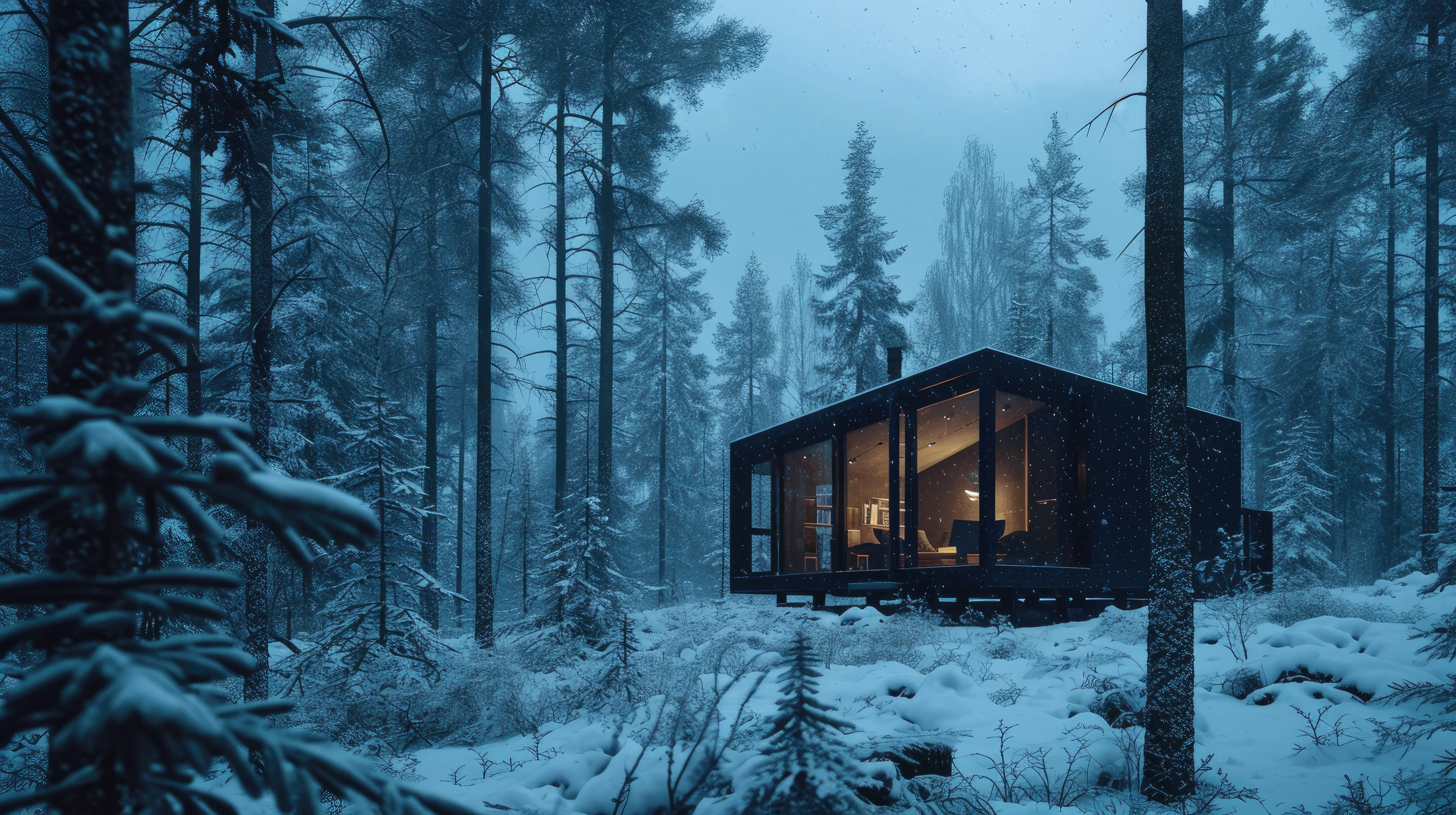 Mountains and forests with two cabins